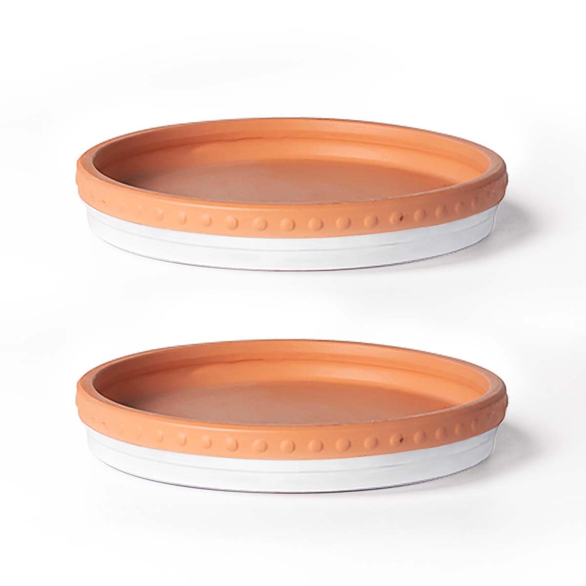 YBX 8-inch terracotta saucer in white catching plant runoff and protecting surfaces