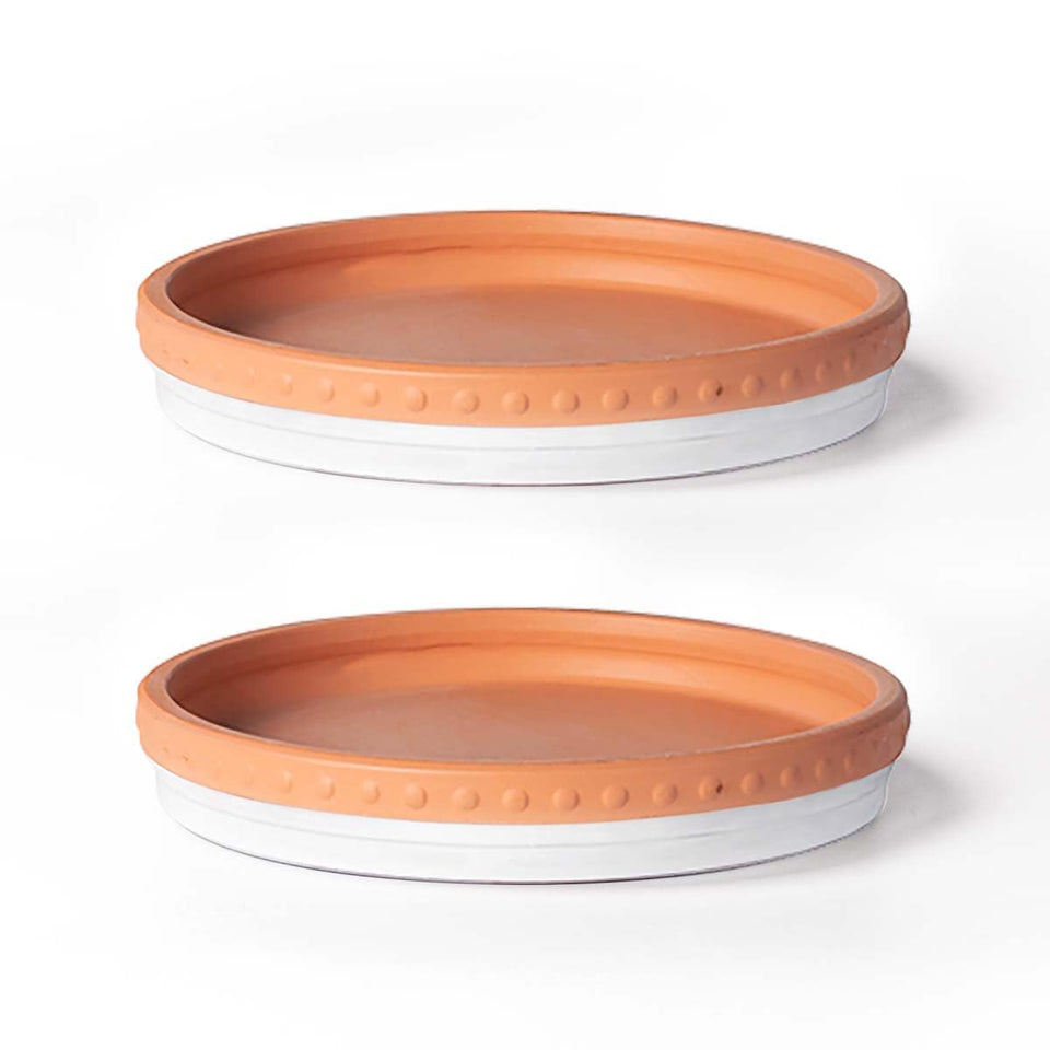 YBX 8-inch terracotta saucer in white catching plant runoff and protecting surfaces