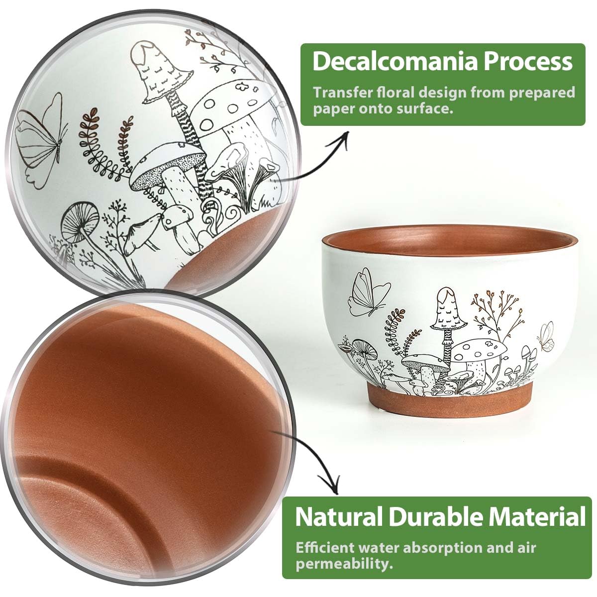 YBX mushroom-butterfly motif pot complements home decor
