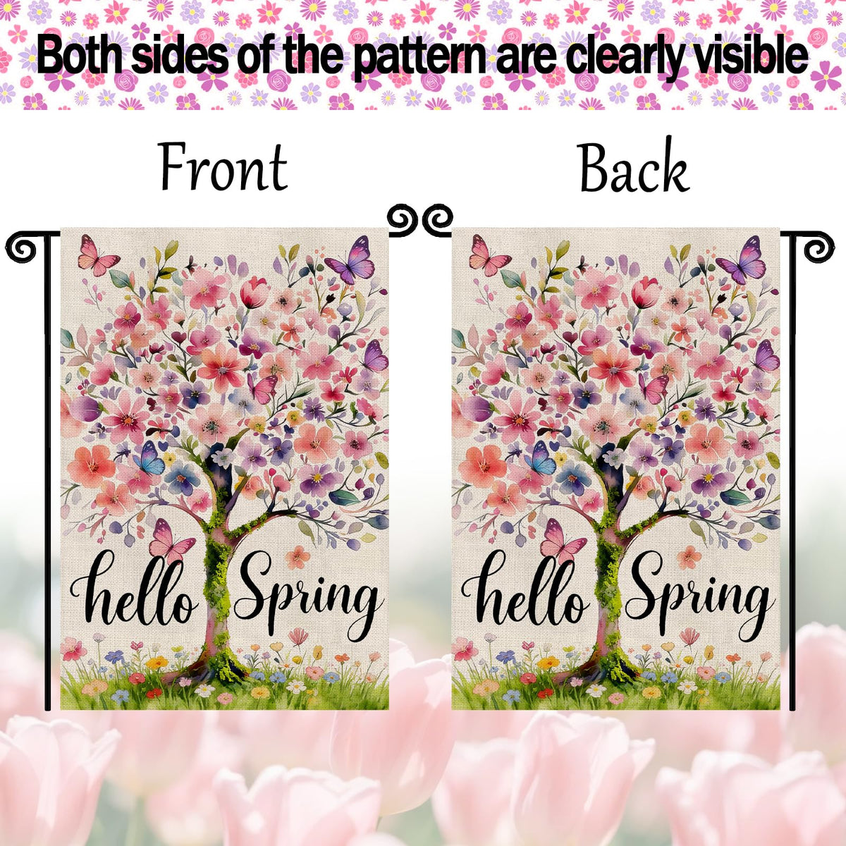 YCDMLJC Hello Spring flag fabric close-up, durable polyester for outdoor resilience