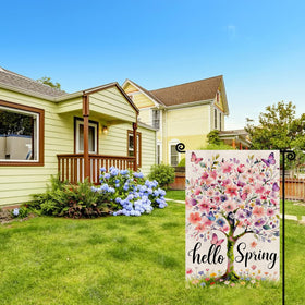 YCDMLJC Hello Spring flag in garden scene, bright spring decor for yards