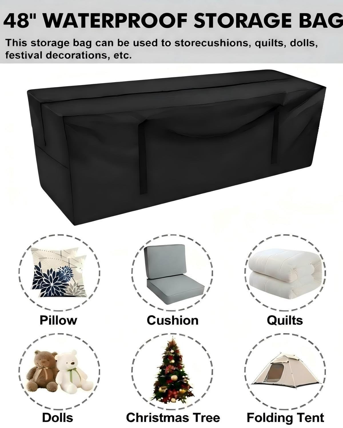 Yczzzj patio cushion storage bag shows 48x15x22 inch dimensions.