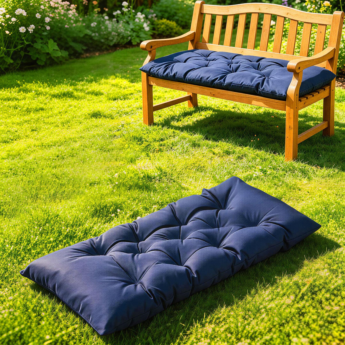 Yddsky navy bench cushion designed for outdoor use adds weather-resistant comfort
