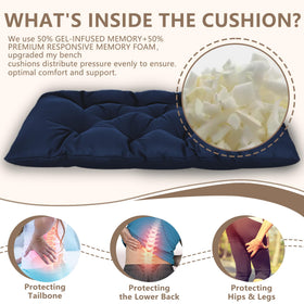 Yddsky navy bench cushion placed on a wicker settee for cozy seating