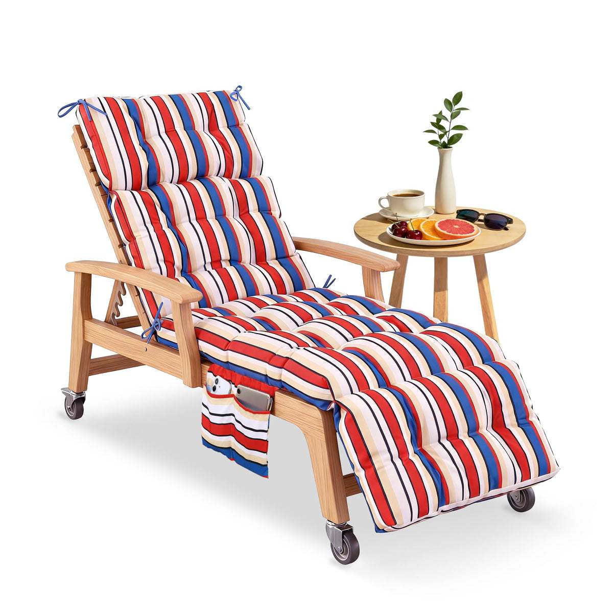 Yddsky striped blue-red chaise cushion on an outdoor lounge for all-weather comfort