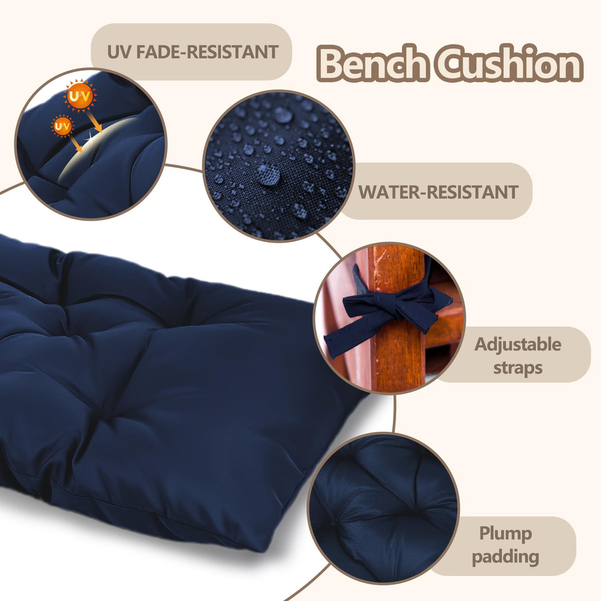 Outdoor patio scene with Yddsky navy bench cushion on a bench