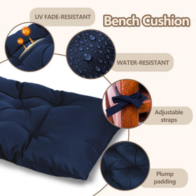 Outdoor patio scene with Yddsky navy bench cushion on a bench
