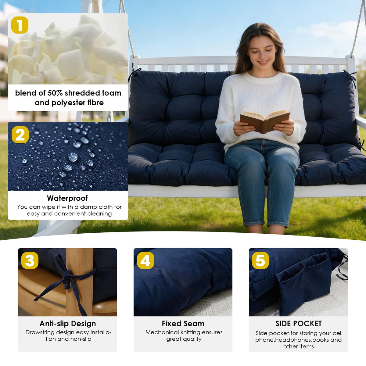 Yddsky swing cushion with ties and anti-slip straps prevents movement