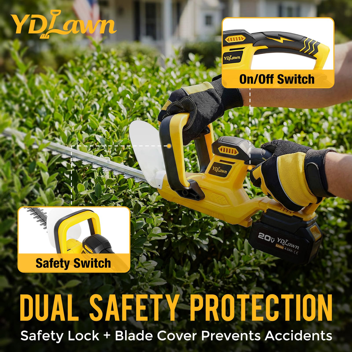YDlawn dual-button safety start system prevents accidental activation.