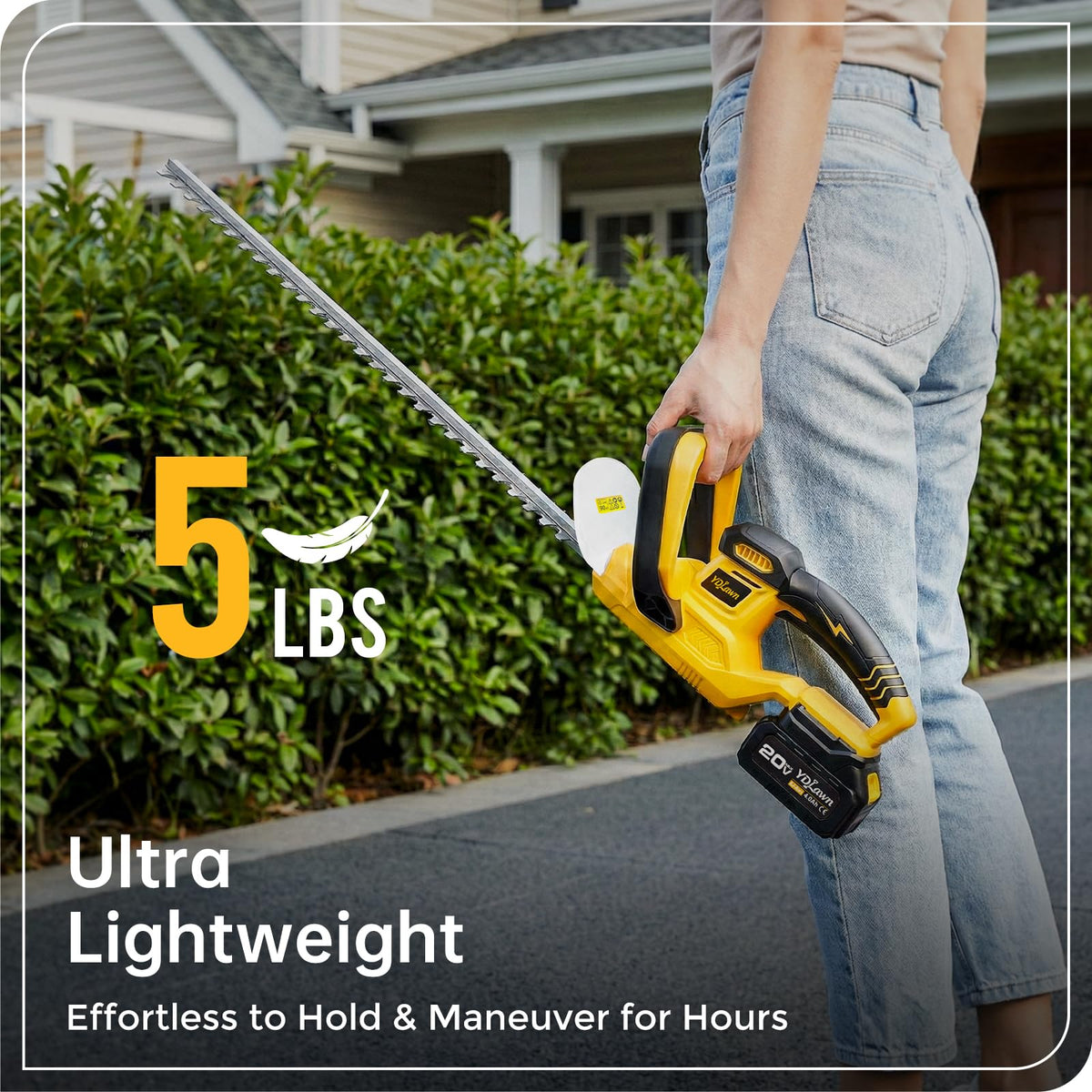 YDlawn lightweight hedge trimmer in use, reducing arm fatigue.