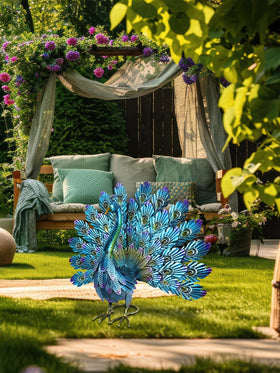 YEAHOME 3D lifelike peacock statue painted on both sides for realistic view from any angle.