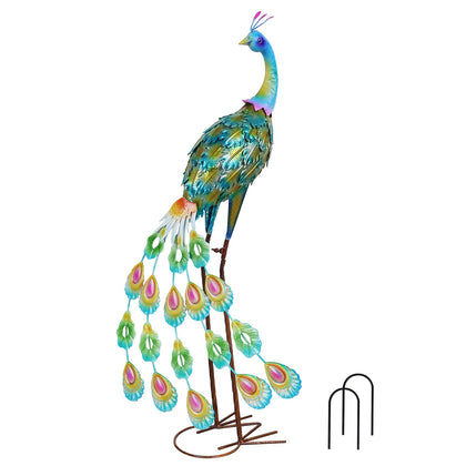 YEAHOME metal peacock statue with blue-green gradient brightens your garden at a glance.