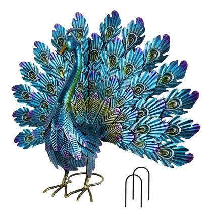 YEAHOME metal peacock outdoor statue in blue-green gradient for standout garden decor.