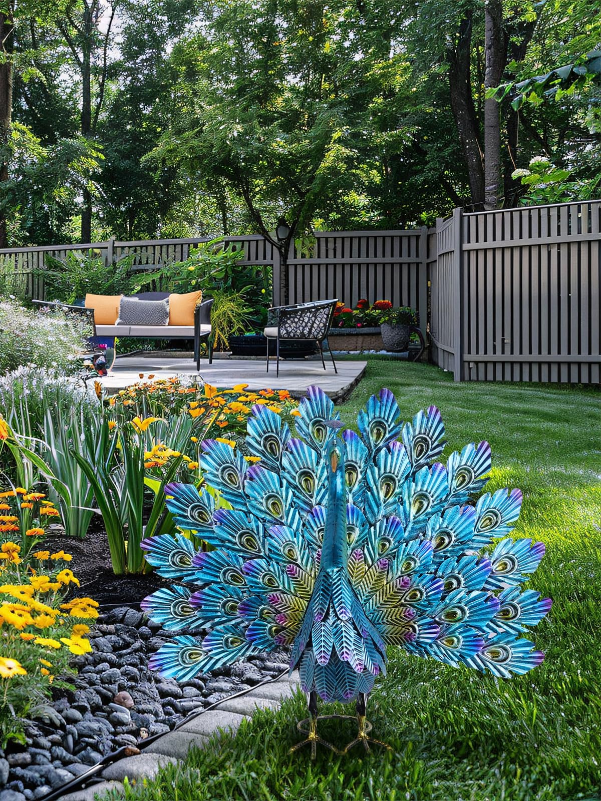 YEAHOME stormproof peacock garden sculpture with stakes stays steady in windy weather.