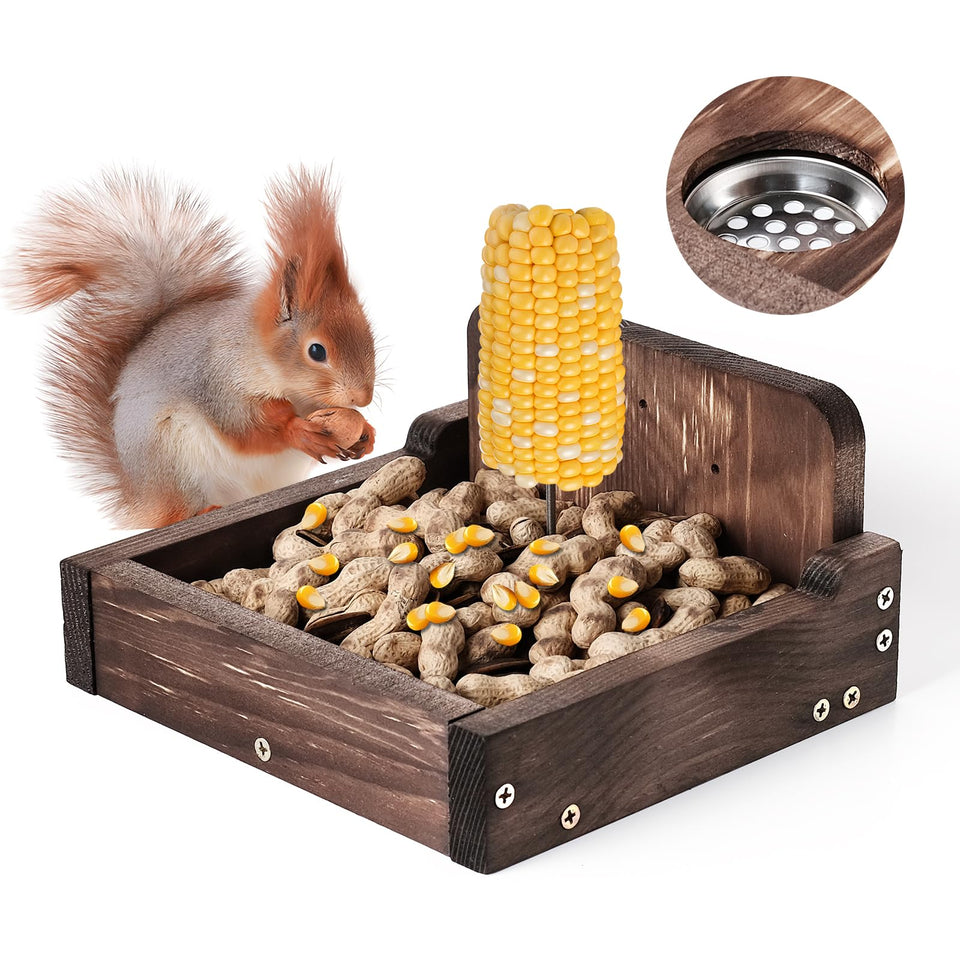 YEBGMS Squirrel Feeder in outdoor pine wood supports garden wildlife observation.