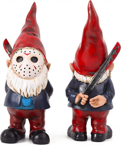 YECRUX horror garden gnome portrait enhances eerie yard decor.
