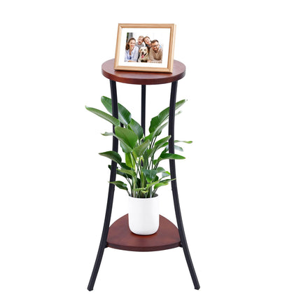 Yedcxup tall plant stand with walnut panel displaying a lush plant in a living room.