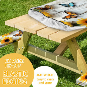 YEYE JUICE outdoor dining setup featuring table and bench covers