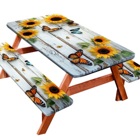 YEYE JUICE picnic table cover in sunflower wood grain protects the table from spills
