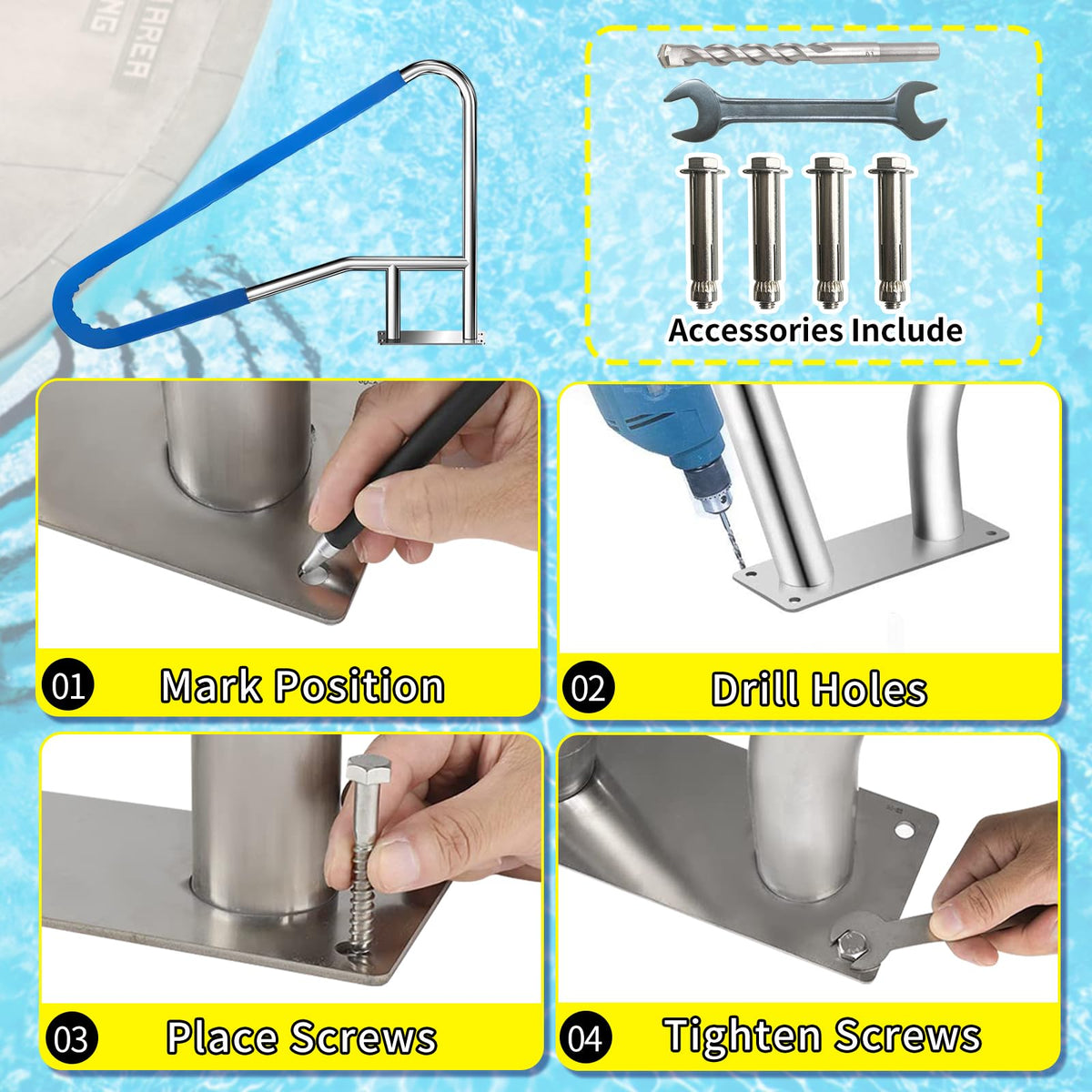 Yeezoo satin finish pool handrail for indoor or outdoor pools.