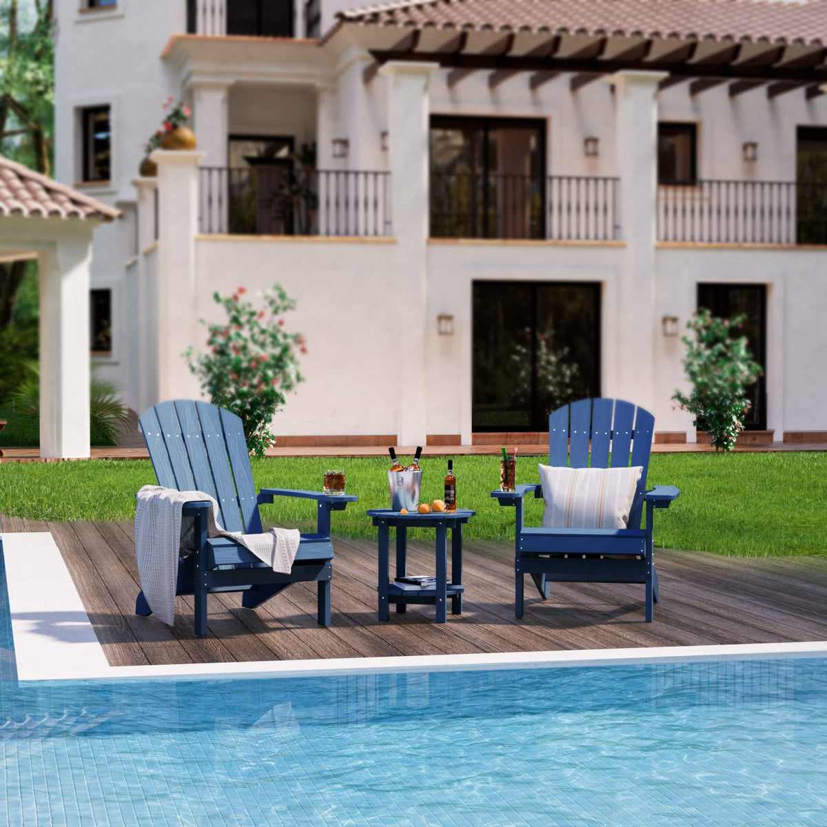 YEFU Adirondack navy finish complements patios and poolside setups.
