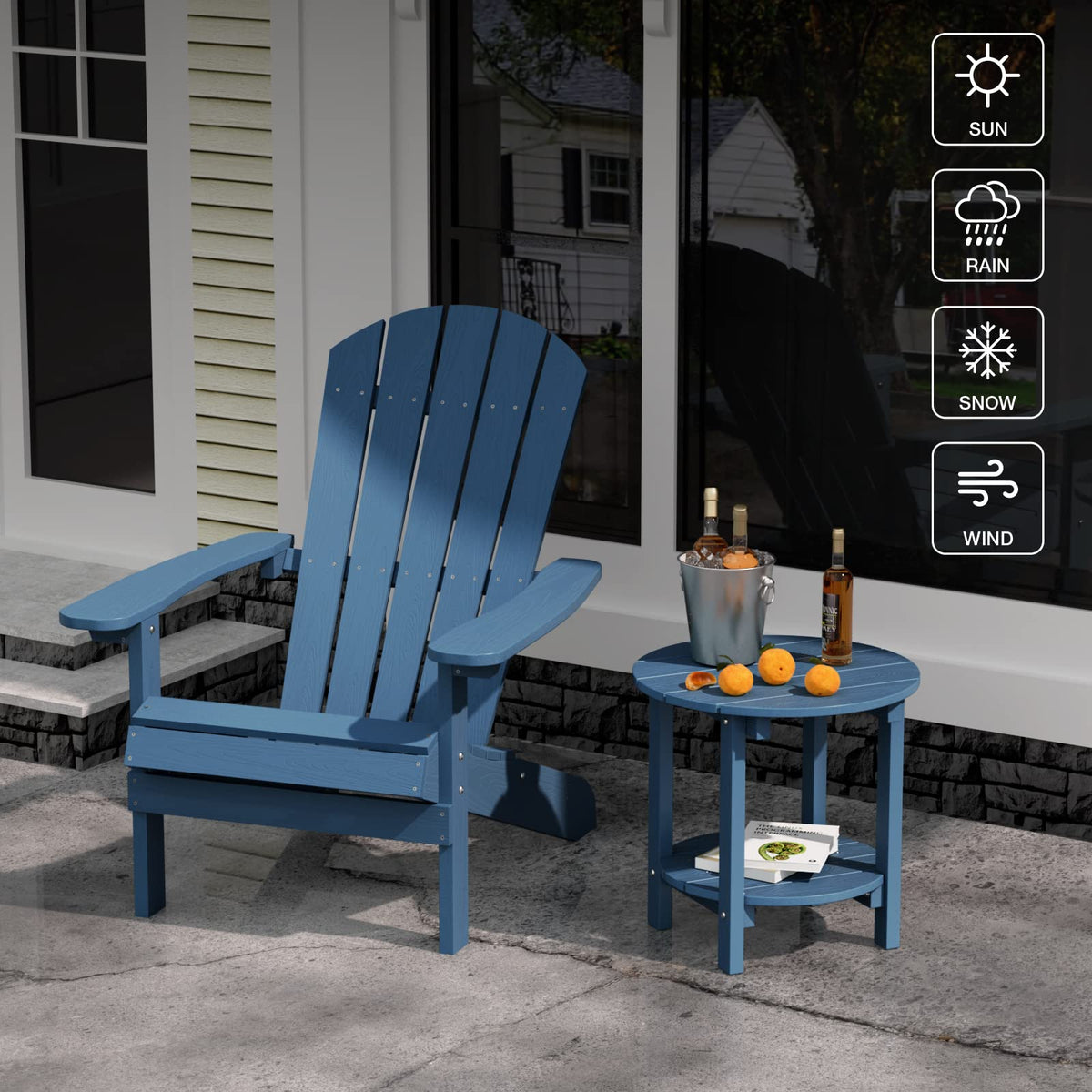 YEFU Adirondack side table with weather-resistant HIPS finish resists cracking.