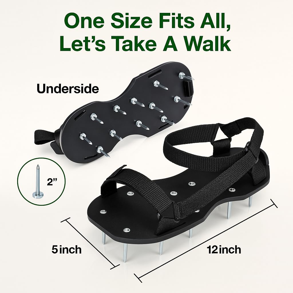 YEIZWNI spiked sandals provide secure fit for hands-free walking during aeration.