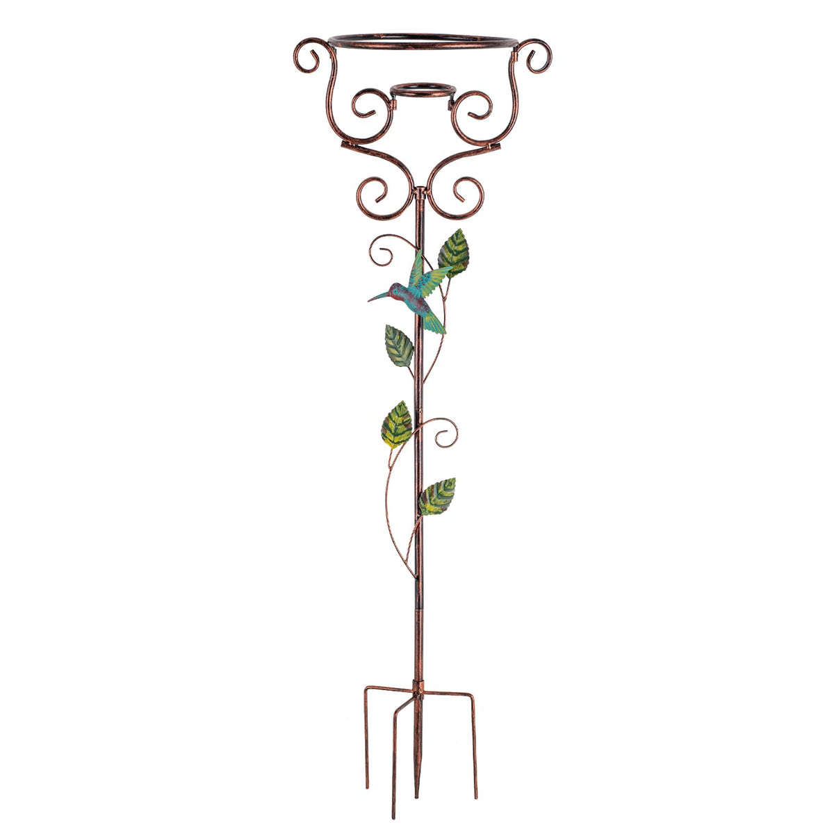 YELENEW gazing ball stand with four-prong base framed by hummingbird vines in a garden.