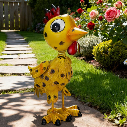 YELENEW metal rooster garden statue adds whimsical charm to outdoor spaces.