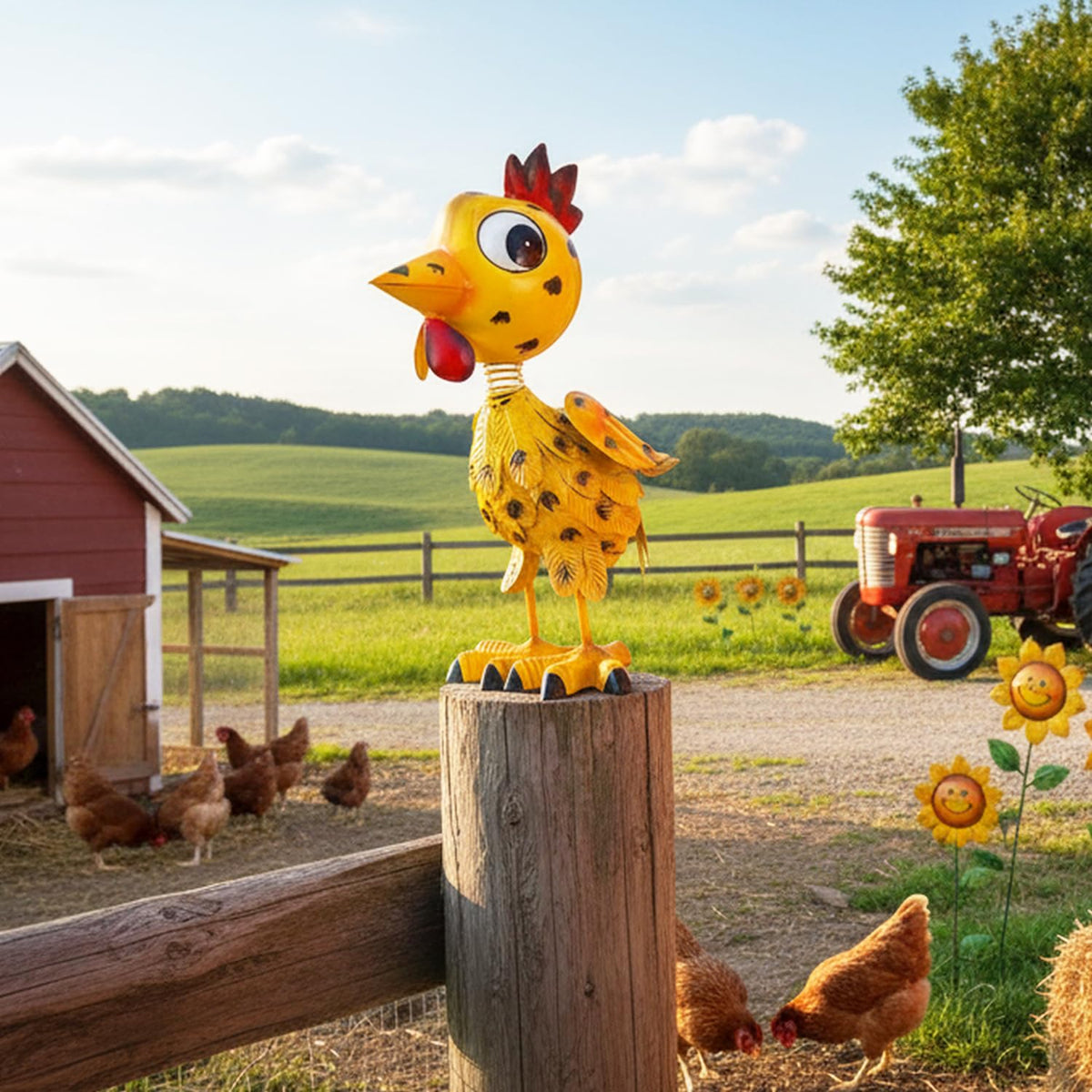 YELENEW rooster head sways with wind, creating a dynamic garden focal point.