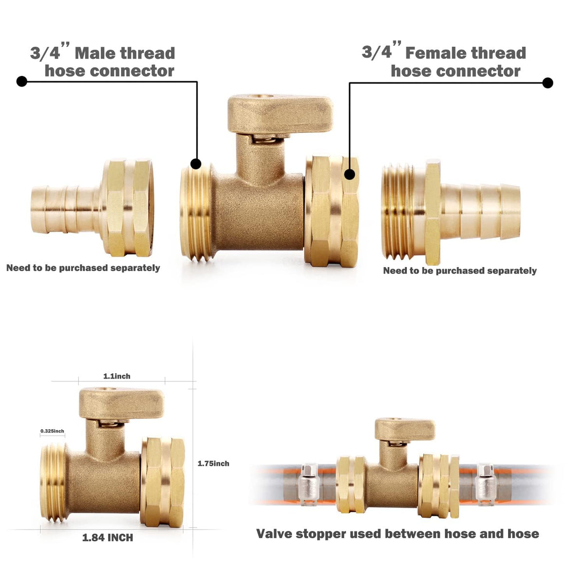 YELUN brass valve with swivel ends for easy hose attachment.