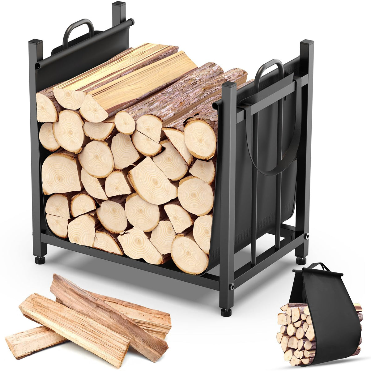 YENGOTH firewood rack front view shows sturdy iron construction for durable log storage.