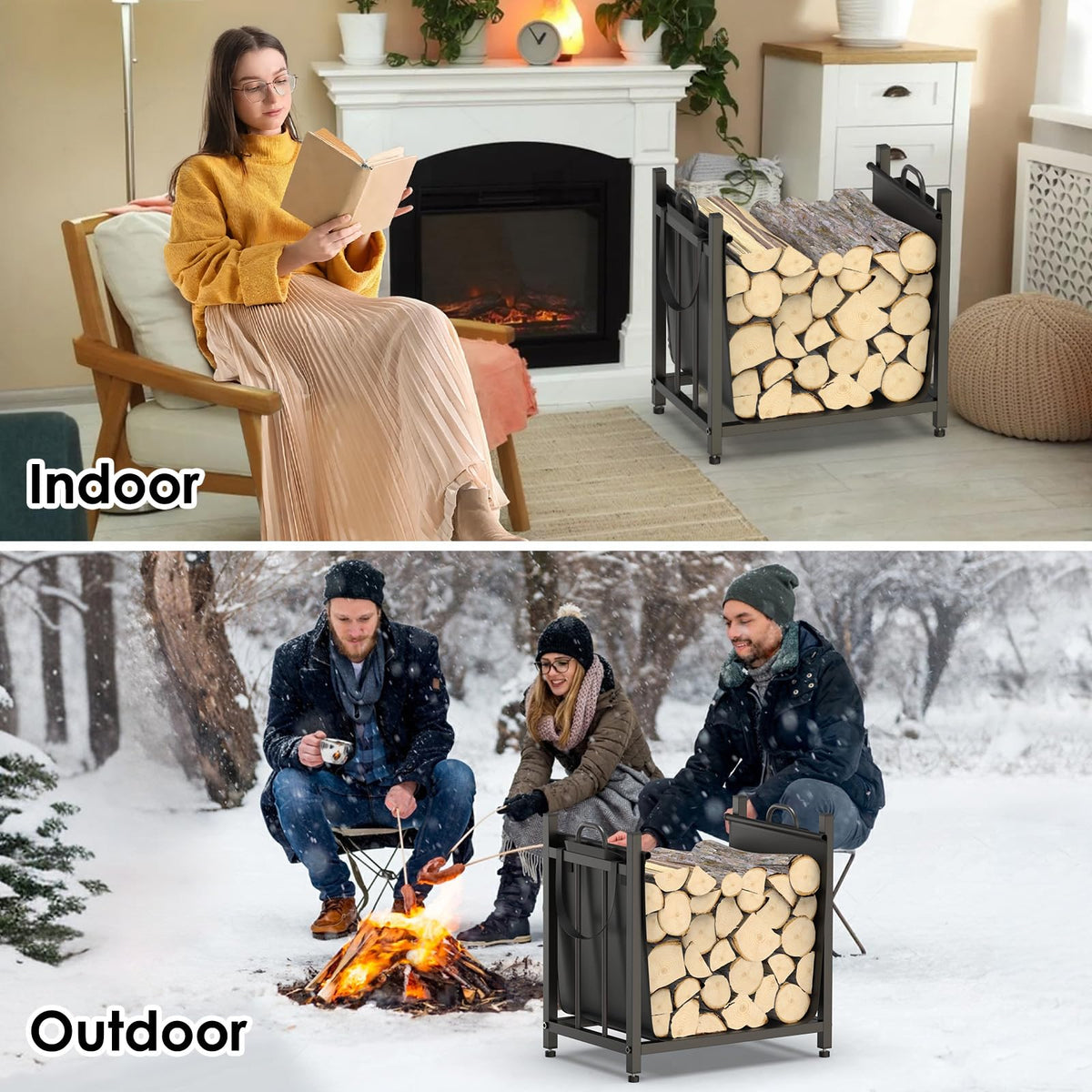 YENGOTH indoor-outdoor firewood storage rack keeps logs organized near the fireplace.