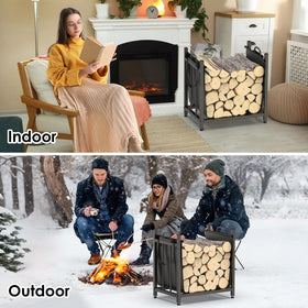 YENGOTH indoor-outdoor firewood storage rack keeps logs organized near the fireplace.