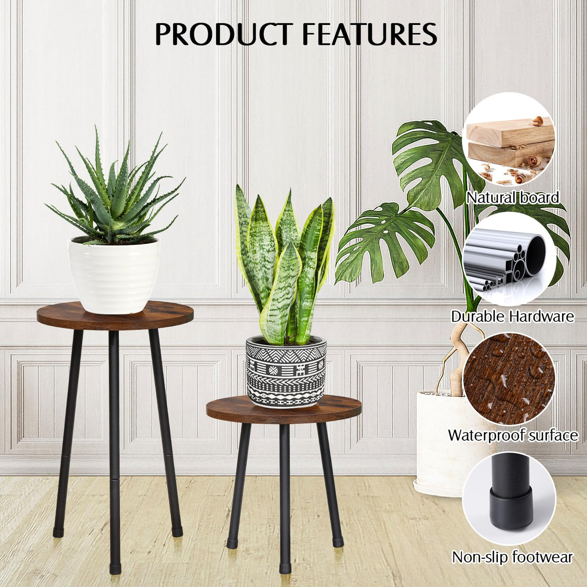 YENGOTH plant stand supports indoor and outdoor use and decor versatility.