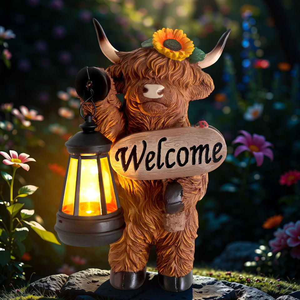 YEPOTUE Garden Highland Cow decor front view with welcome sign for porch appeal.