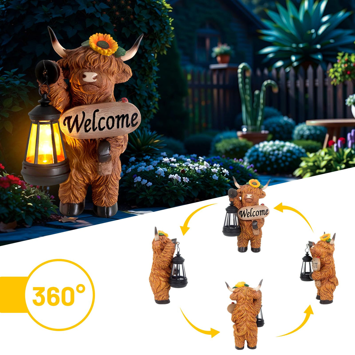 YEPOTUE Highland cow statue with solar lantern lights at dusk for ambiance.
