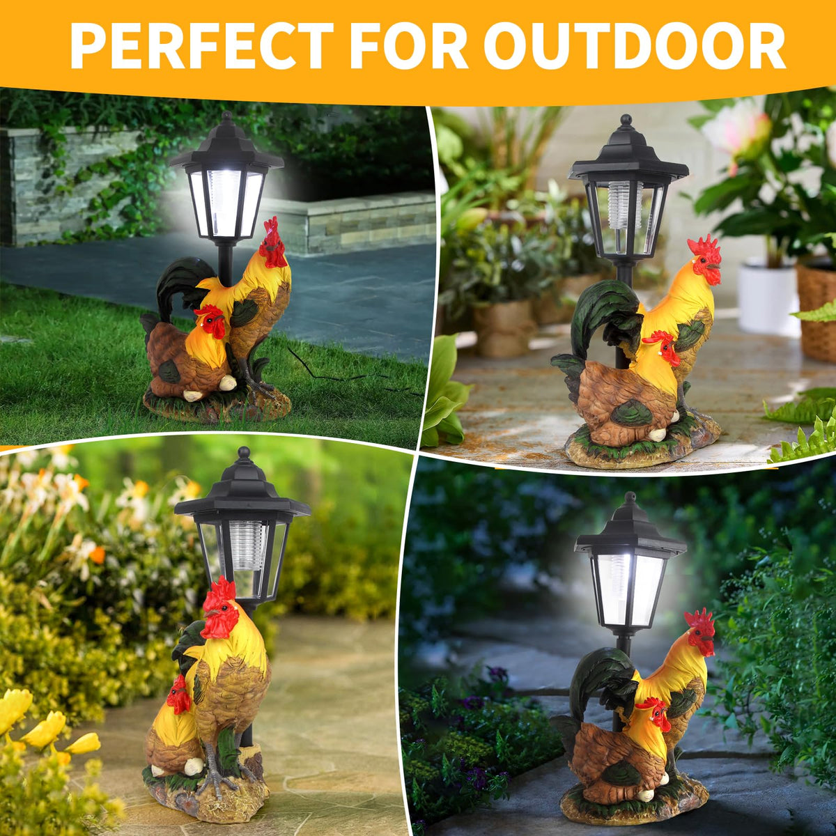 YEPOTUE lantern-lit rooster lights paths and creates ambiance.