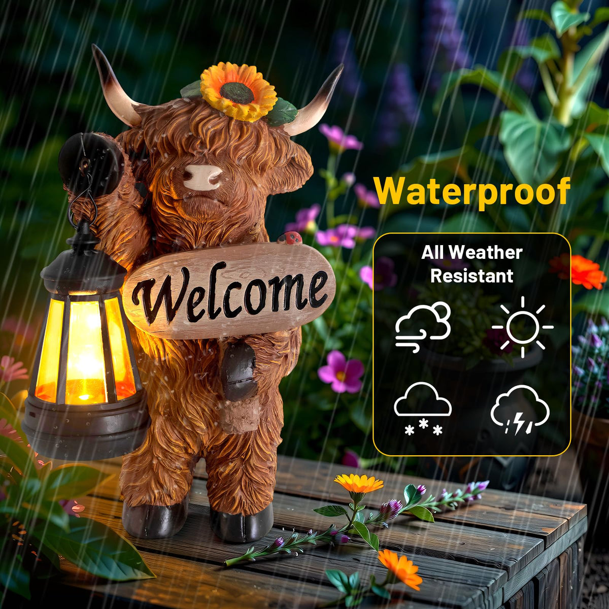 YEPOTUE Highland cow lantern statue suitable for indoor and outdoor spots.