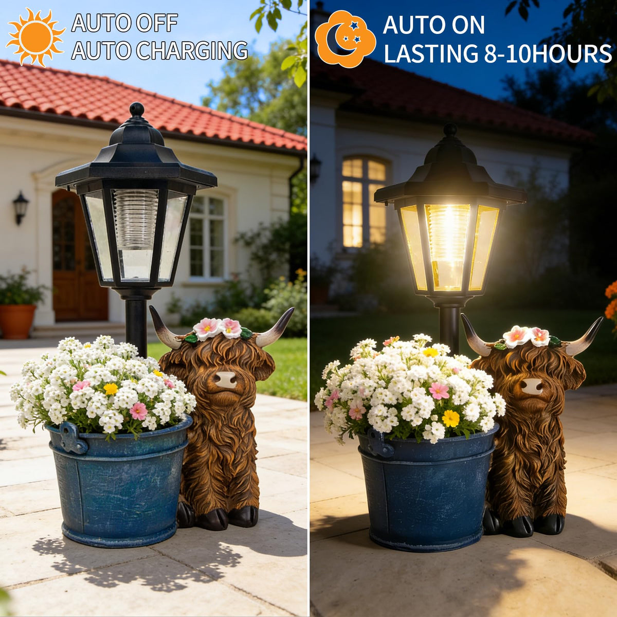 YEPOTUE Highland cow statue lit by solar lantern at night