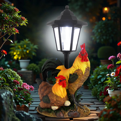 YEPOTUE solar rooster lantern outdoor image enhances patio with warm, dusk-friendly light.
