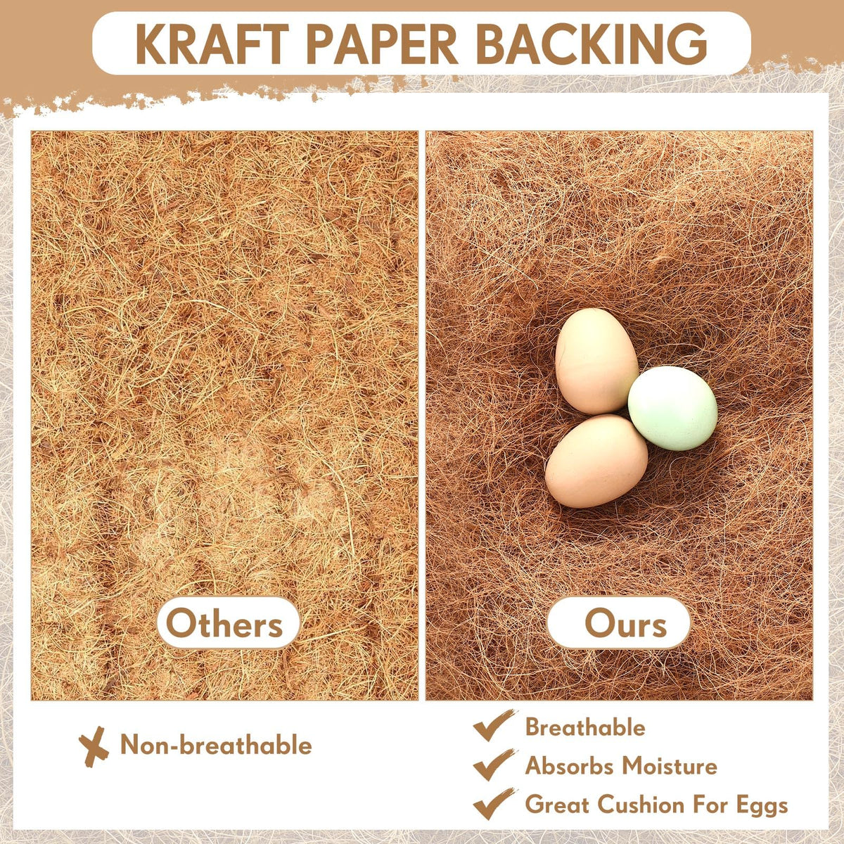 Yerliker coop bedding with natural coconut fiber absorbs humidity for cleaner eggs.