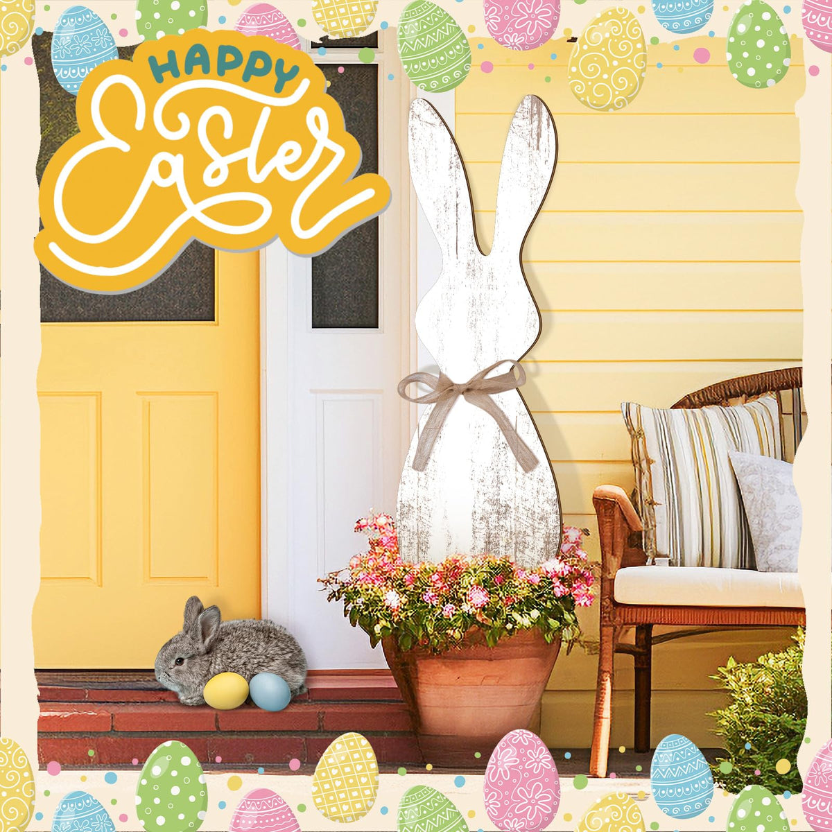 Yerliker Easter bunny sign features ribbon detail for charming porch accents.