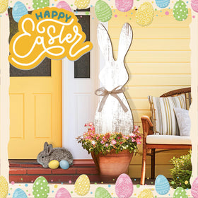Yerliker Easter bunny sign features ribbon detail for charming porch accents.