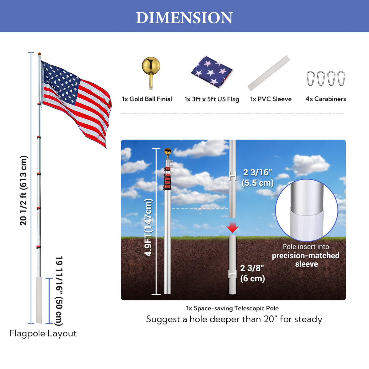 Yeshom yard-display-ready flagpole on a sturdy setup.