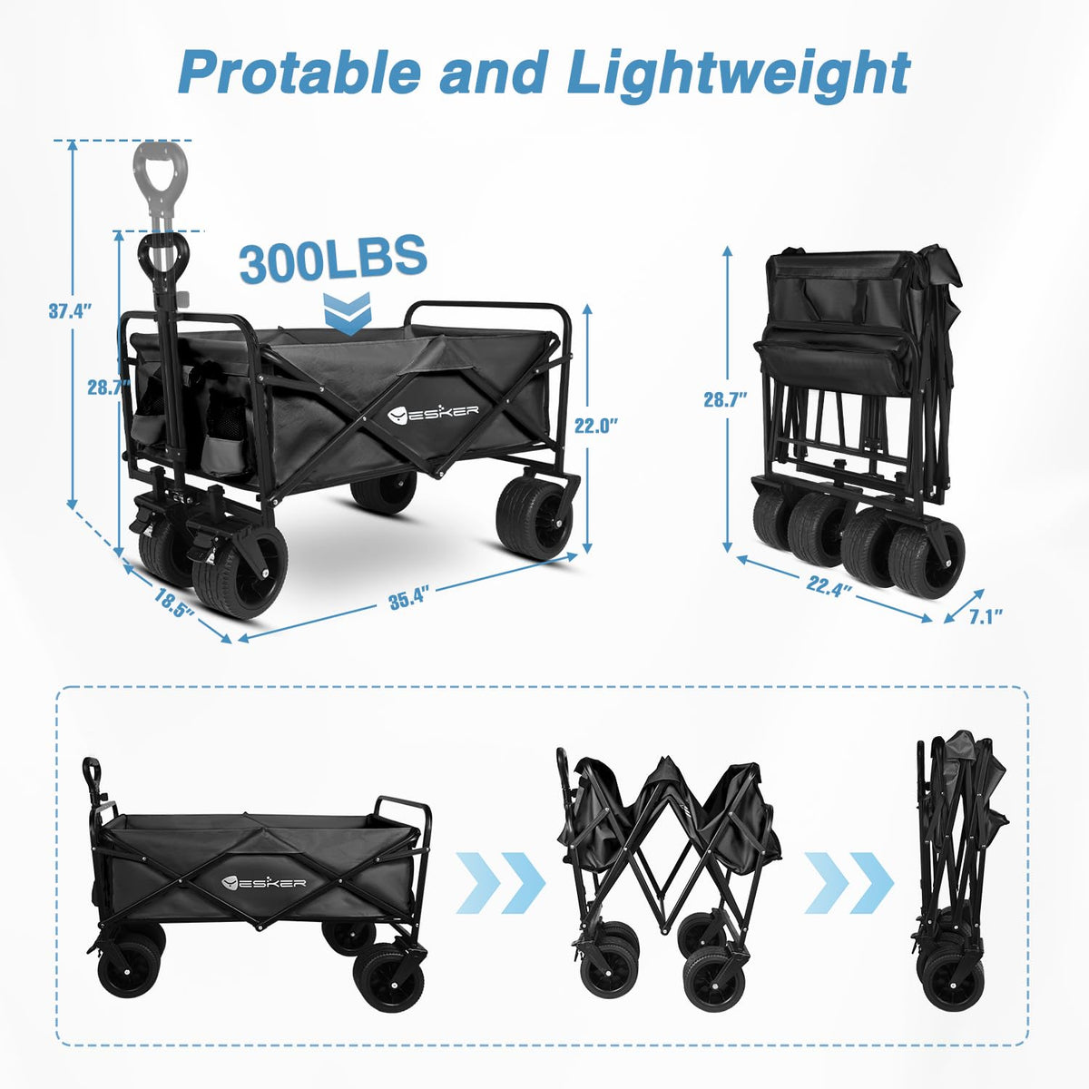 Yesker Foldable Wagon heavy-duty frame supports 300-lb loads.