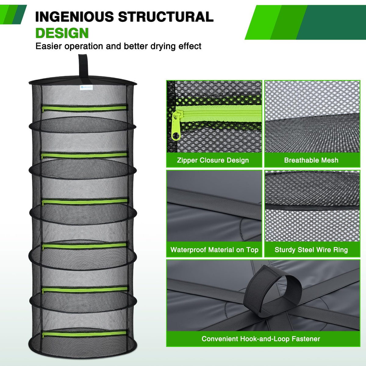 Yesker green zipper closure on drying rack protects herbs from wind and debris.