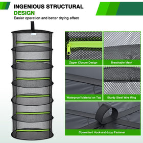 Yesker green zipper closure on drying rack protects herbs from wind and debris.