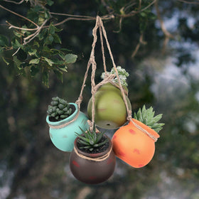 Yesland hanging ceramic planter with brown jute rope for natural wall or ceiling display.