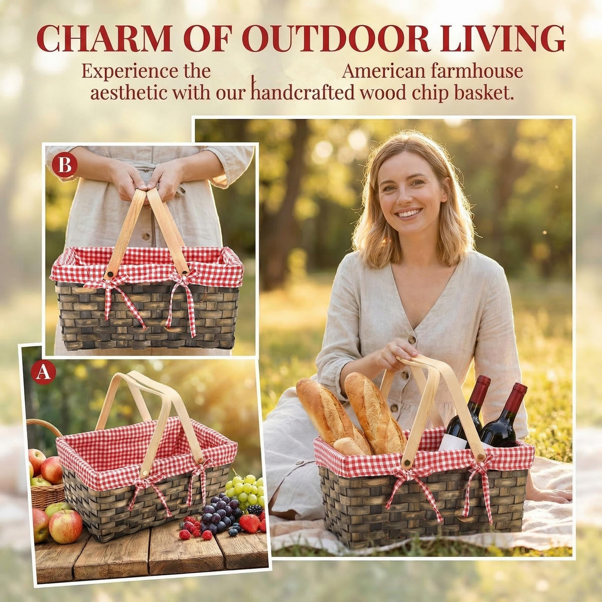 Yesland wicker basket with handles, ideal for car trips, hikes, and beach outings.